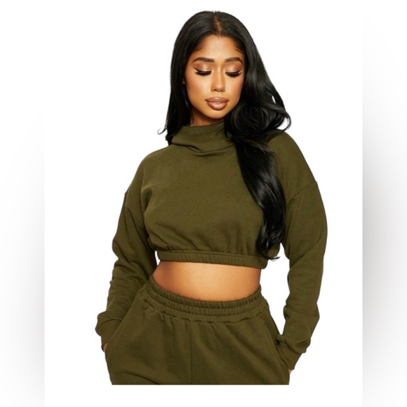 Naked Wardrobe French Terry Crop Hoodie Olive Green Small - Picture 2 of 10